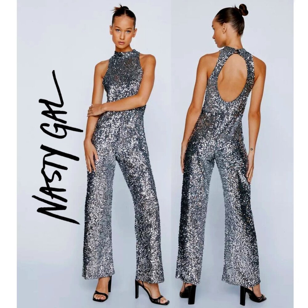 💋RETRO GLAM💋 STUDIO 54 Vibe Flare Leg Jumpsuit in Silver Sequin
